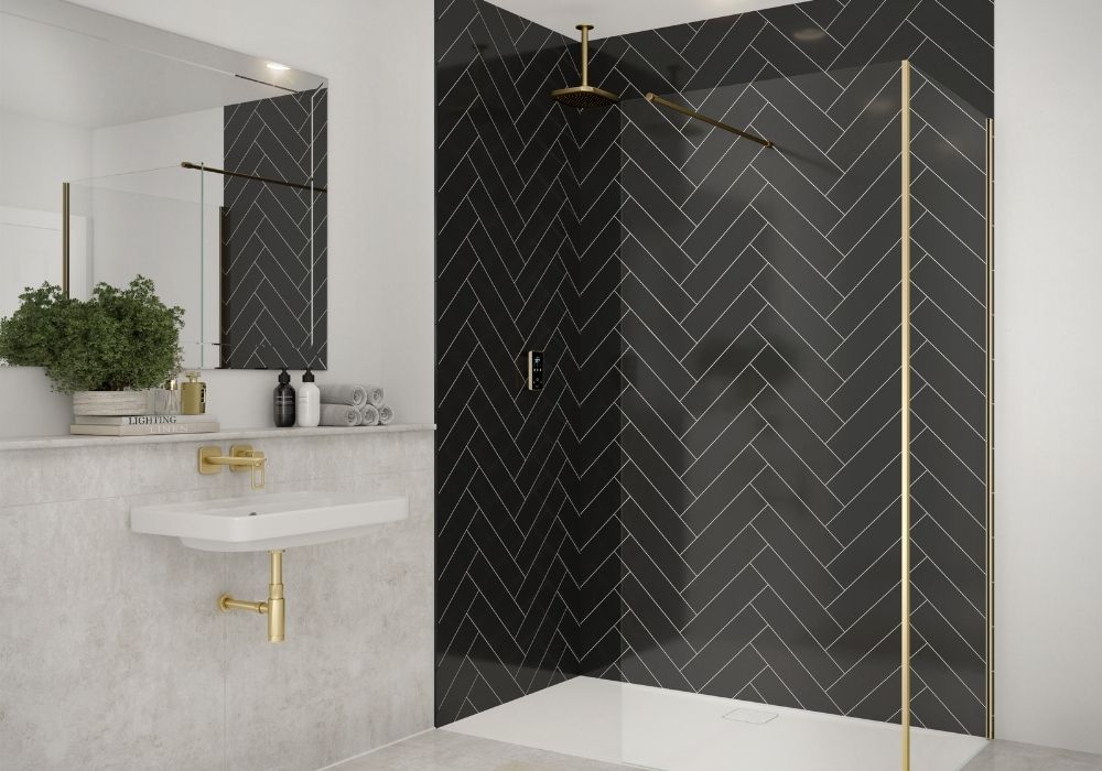 8mm frameless corner wetroom with bracing bar brushed brass - resized